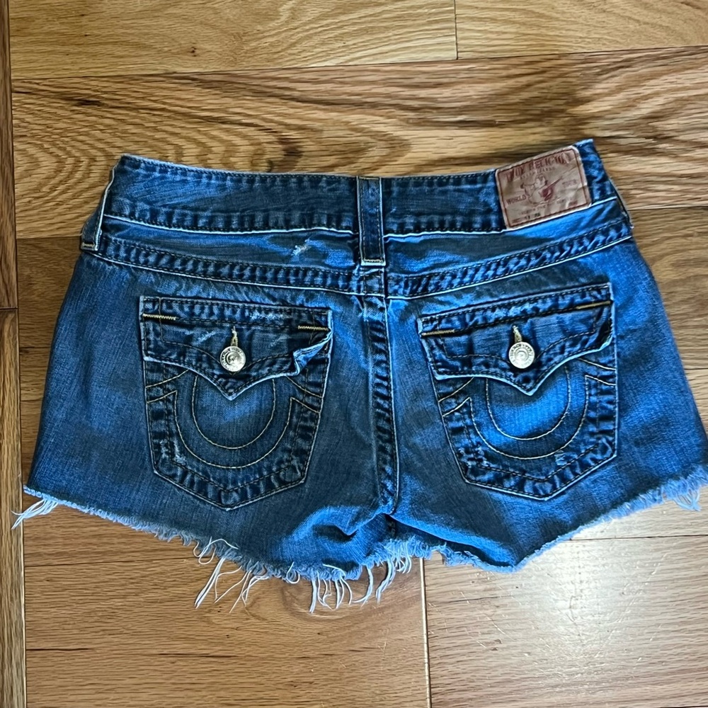 True Religion Indigo Blue Denim Cutoff Shorts with Flap Back Pockets